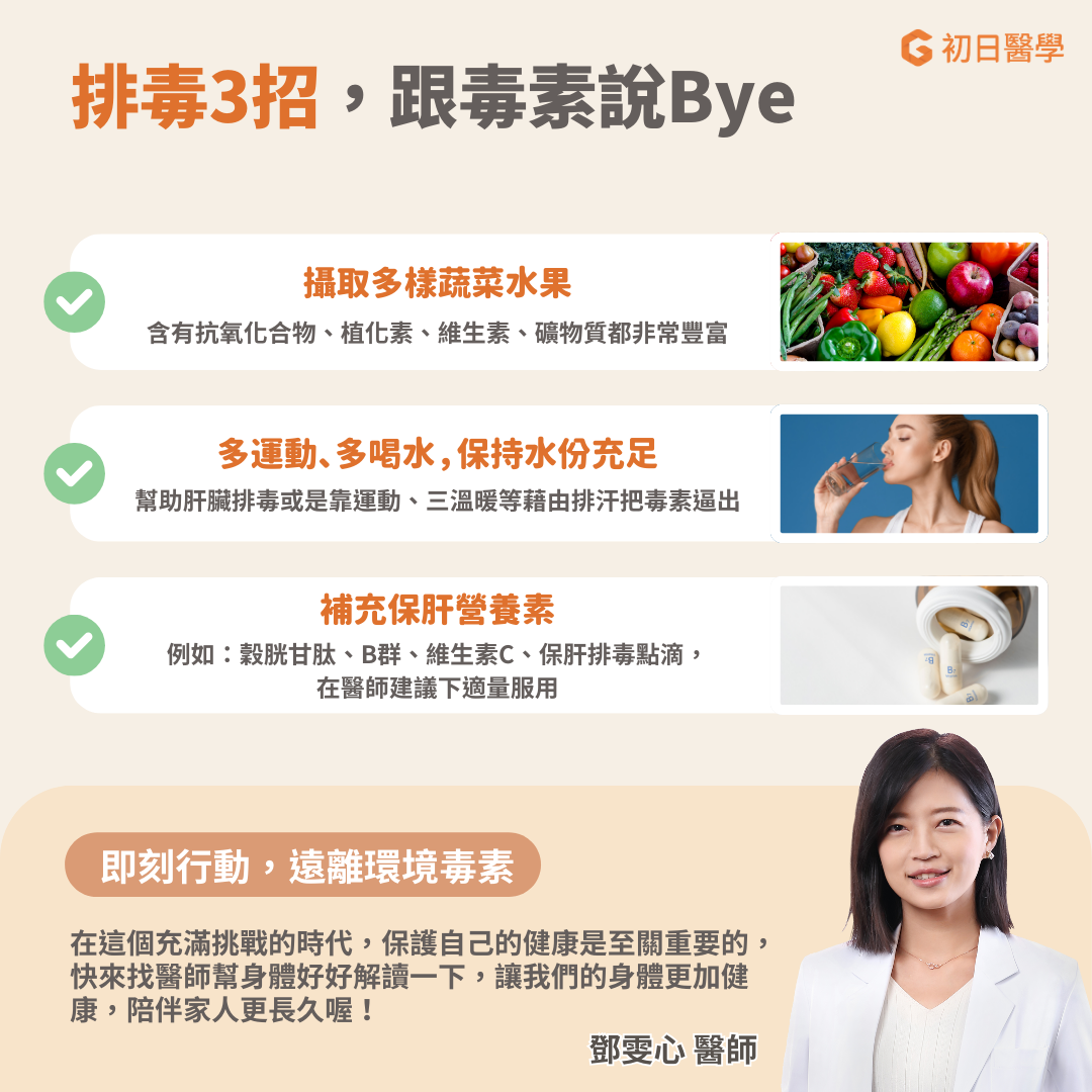 攝取多樣蔬菜水果 蔬菜水果中含有大量的抗氧化合物、植化素、維生素和礦物質。可以協助中和體內的自由基,減少氧化壓力,促進免疫系統運作。抗氧化合物如維生素C、維生素E等可以保護細胞免受氧化損傷、降低慢性疾病的風險。此外,蔬果中的纖維素有助於促進腸道蠕動,排出體內的有害物質、防止毒素累積在體內。  多喝水,保持水量充足 充足的水分攝取對維持身體健康至關重要。人體有70%是由水分所組成,水能幫助肝臟將代謝產物及毒素透過尿液排出體外。除了透過飲水協助肝臟排毒,運動和三溫暖等方式也可以藉由促進排汗,而增加毒素被排出體外。  補充保肝營養素 抗氧化劑如維生素C和穀胱甘肽可以有效保護細胞免受自由基傷害,降低肝臟細胞的氧化損傷,同時也可以促進受損細胞的修復。維生素B群與能量代謝和酵素反應有關,有助於恢復肝細胞功能、維持能量代謝。