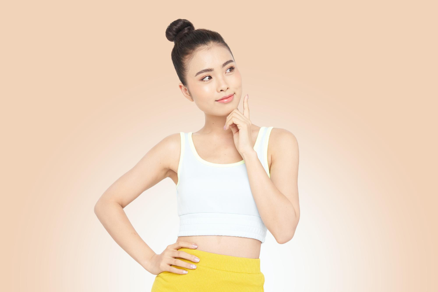 Portrait banner of a young Asian with hand gesture, isolated on background