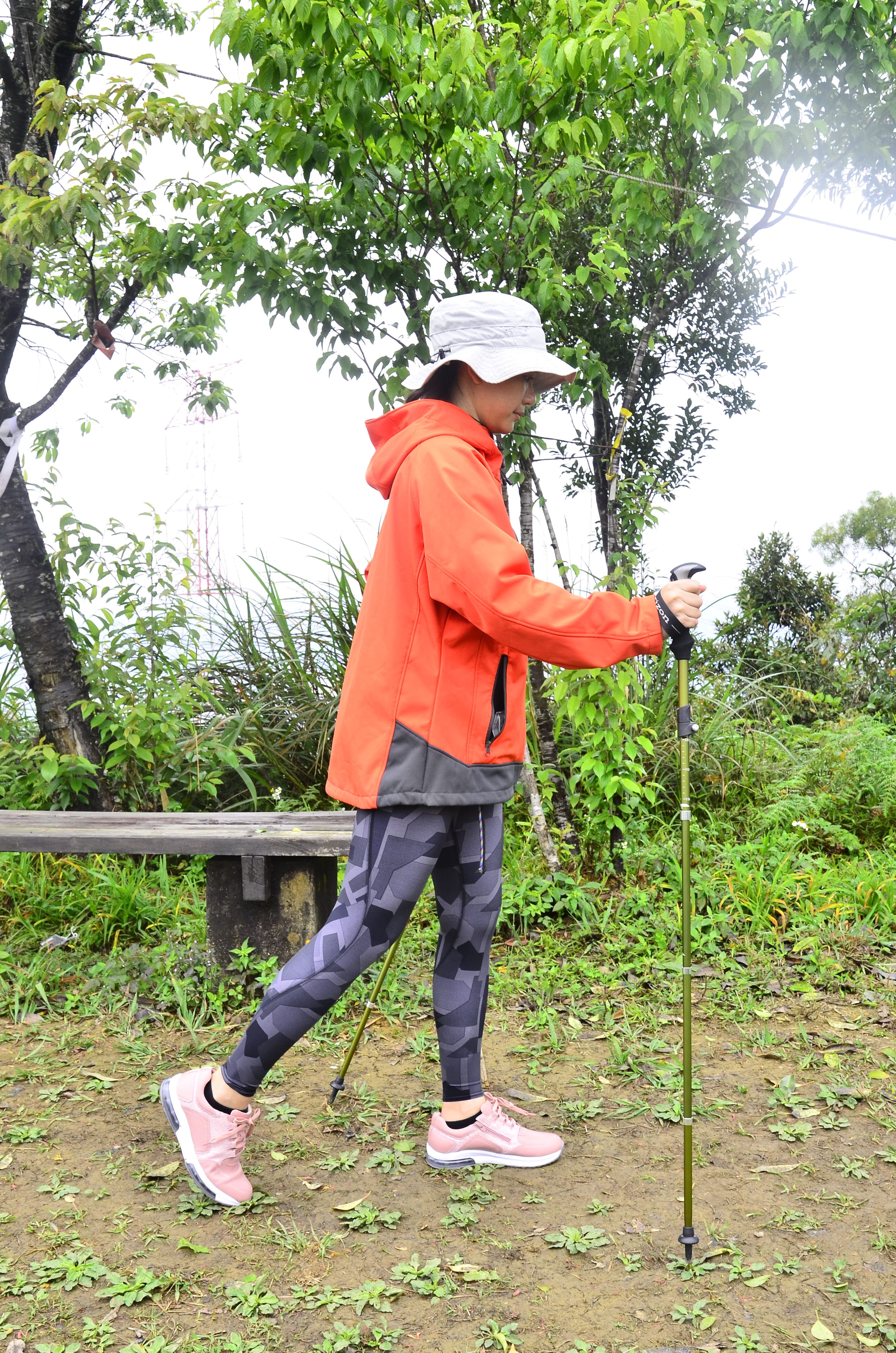 行走時，雙手在身體側邊自由擺動並用登山杖往後推施力，使身體朝前方推進。