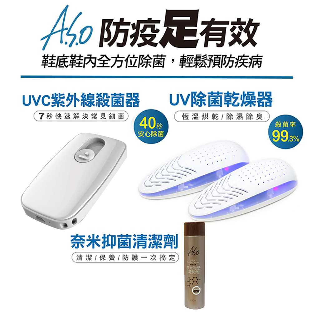 ● A.S.O - UV除菌乾燥器 (原價 $2,695) 紫外線殺菌LED燈、360度恆溫烘乾、輕巧省電 再也不怕鞋子弄濕、長黴菌  ● A.S.O - UVC紫外線殺菌器 (原價 $3,495) 醫療級UVC紫外線除菌，40秒內快速消毒 25g重名片大小，輕便好攜、省電耐用  ● A.S.O - 奈米鞋墊抑菌清潔劑100ML (原價 $250) 天然柑橘萃取物，清潔鞋墊，讓它抑菌除臭、陣陣清香