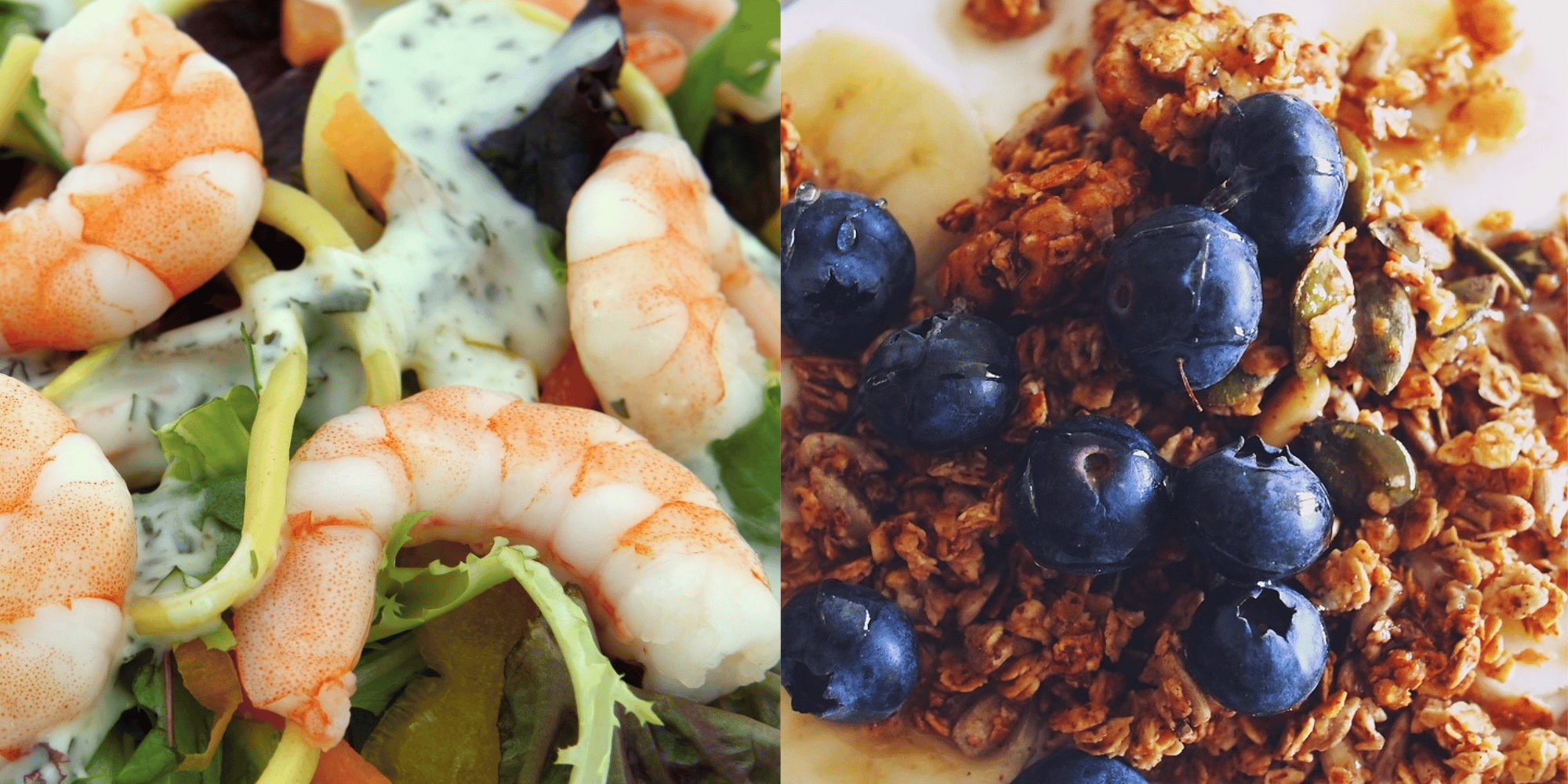 鮮蝦蔬菜沙拉和藍莓麥片優格