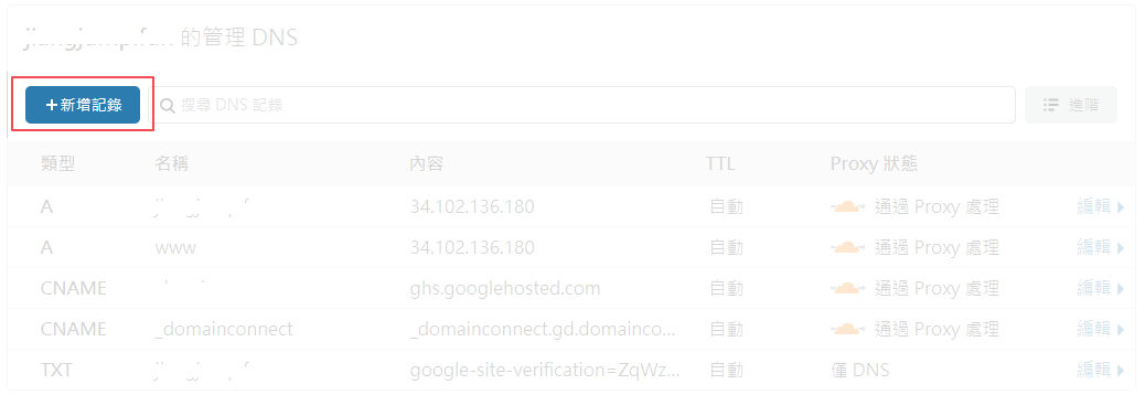 在DNS紀錄的上方找到「+新增紀錄」的按鈕，並點擊