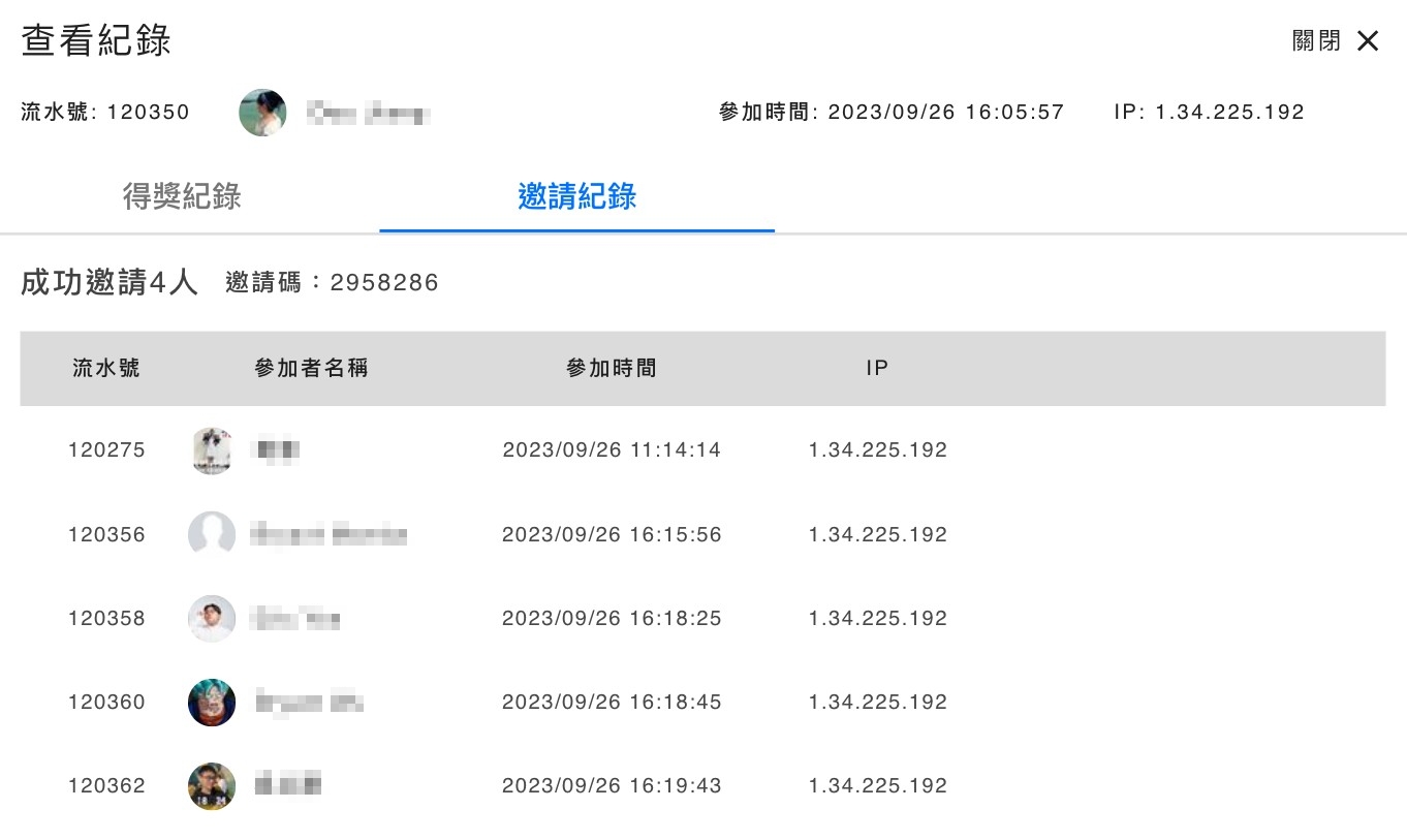 邀請者詳細記錄