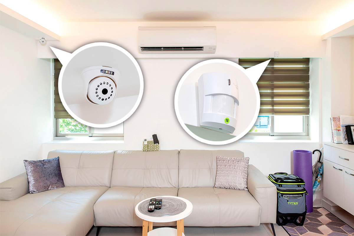 客廳安裝吸頂式紅外線攝影機，牆上還加裝紅外線體溫感知器，即使夜晚有人闖入，也能立刻發報。