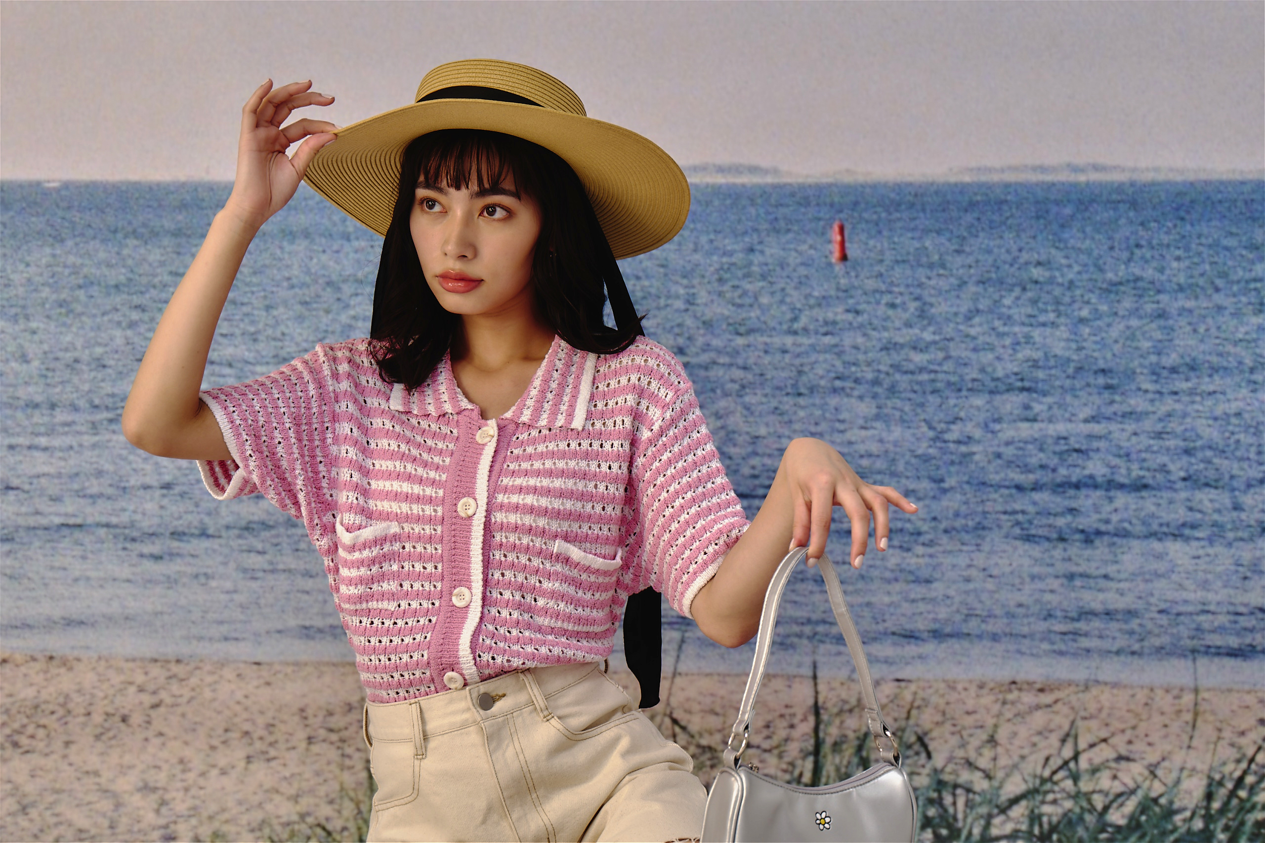 eyeye 針織條紋排釦短袖上衣