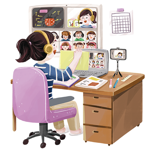 老師使用視訊軟體進行同步線上教學。插畫：豆比插畫