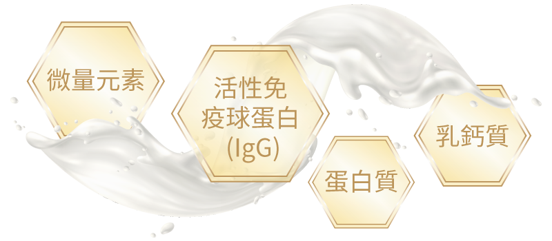 初乳含有珍貴的活性免疫球蛋白 (IgG)30% 及乳鈣質、蛋白質、多種微量元素等營養成份